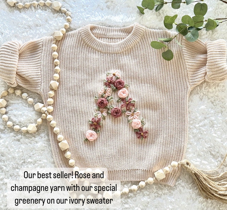 Personalized Floral Letter Hand-Embroidered Knit Sweater / Baby Shower Gift / Baby Announcement image 2