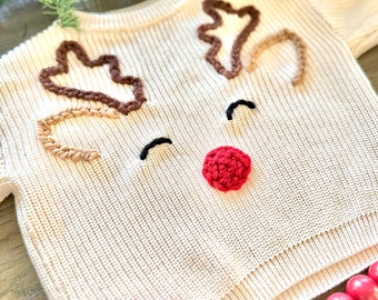 Christmas and Holiday Hand Embroidered Sweater for Babies, Toddlers, and Kids / Personalized Name or Simple Reindeer Design