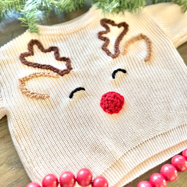 Weihnachten und Urlaub Hand bestickter Pullover für Babys, Kleinkinder und Kinder / Personalisierter Name oder einfaches Rentier Design