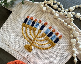 Hanukkah Menorah Customizable Hand Embroidered Sweater for Babies, Toddlers, and Kids / Personalized Name, Menorah, or Dreidel