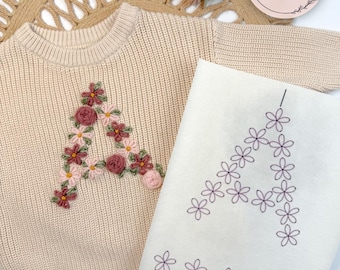 Digital File Alphabet and Number Flower Initial Embroidery Patterns for DIY Sweater or Denim / Printable Stick and Stitch Designs