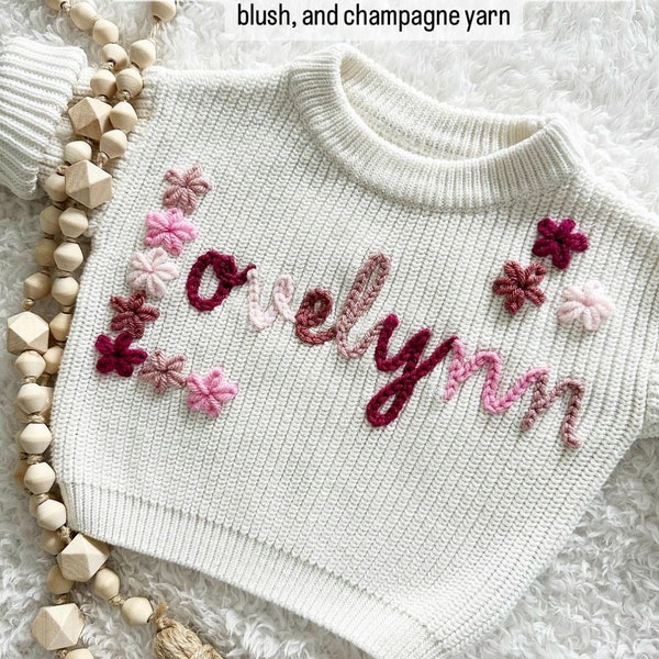 Floral Hand-Embroidered Custom Personalized Knit Sweaters for baby, toddler, and kids / Baby Announcement or Baby Shower Gift