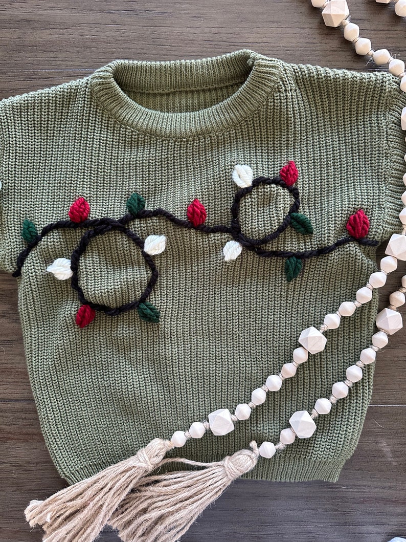 Christmas and Holiday Hand Embroidered Sweater for Babies, Toddlers, and Kids / Personalized Name with Holiday Lights image 4