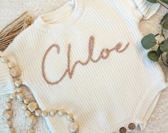 Personalized Hand-Embroidered Knit Sweaters Onesie Bodysuit for Baby / Baby Shower Gift