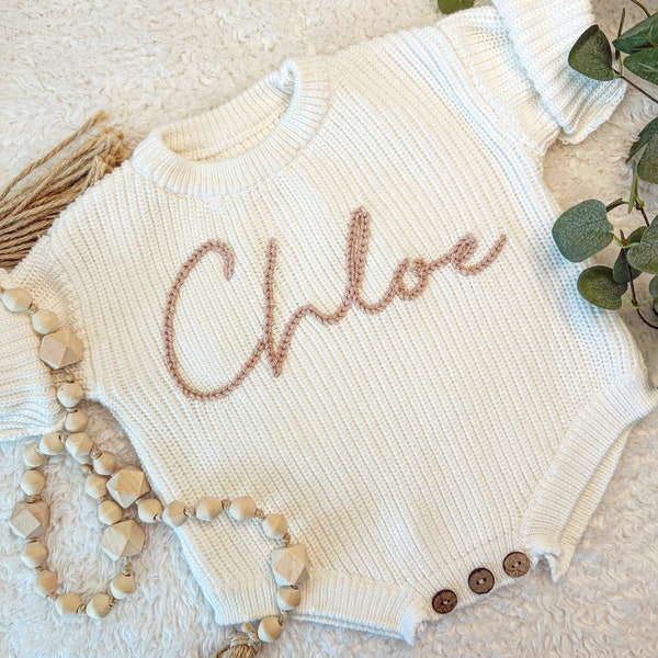 Personalized Hand-Embroidered Knit Sweaters Onesie Bodysuit for Baby / Baby Shower Gift