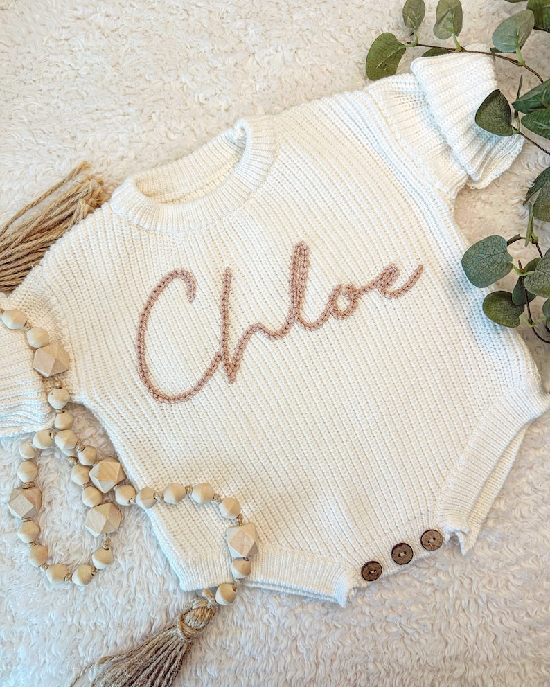 Personalized Hand-Embroidered Knit Sweaters Onesie Bodysuit for Baby / Baby Shower Gift image 1