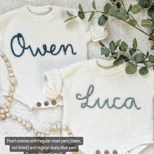 Personalized Hand-Embroidered Knit Sweaters Onesie Bodysuit for Baby / Baby Shower Gift image 3