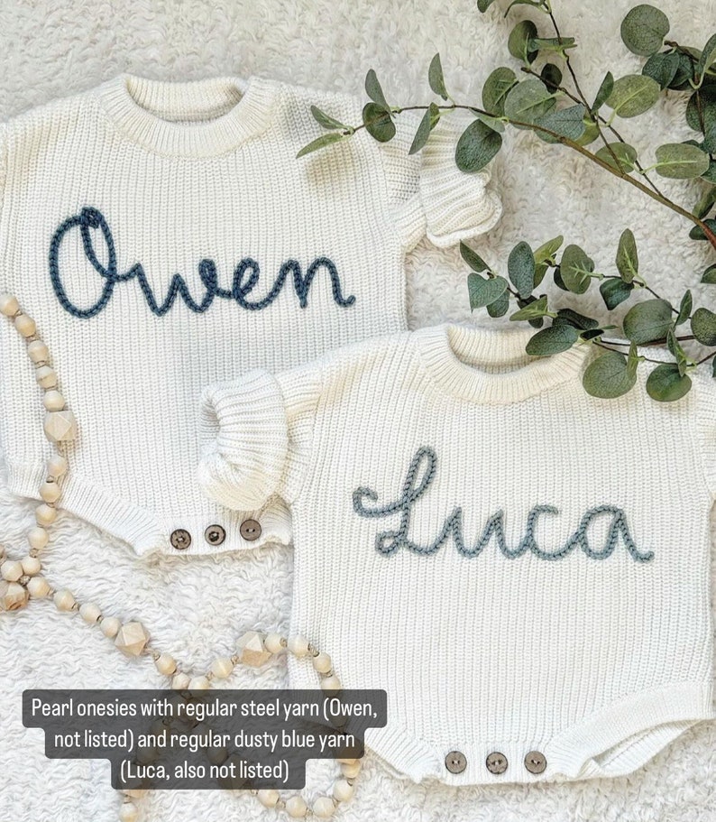 Personalized Hand-Embroidered Knit Sweaters Onesie Bodysuit for Baby / Baby Shower Gift image 3