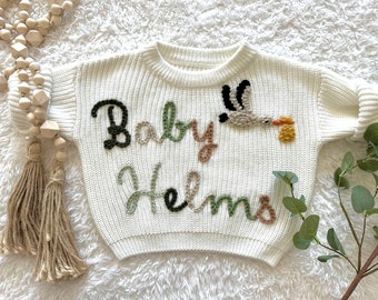 Personalized Hand-Embroidered Knit Sweaters / Baby, Toddler, or Kid Sweater / Personalized Baby Announcement Gender Neutral or Team Green