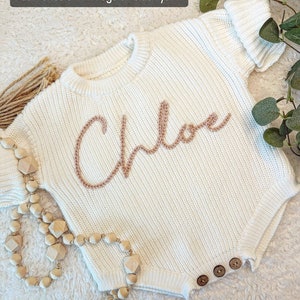 Personalized Hand-Embroidered Knit Sweaters Onesie Bodysuit for Baby / Baby Shower Gift image 2