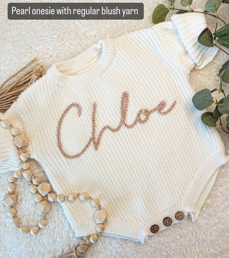 Personalized Hand-Embroidered Knit Sweaters Onesie Bodysuit for Baby / Baby Shower Gift image 2