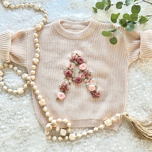 Personalized Floral Letter Hand-Embroidered Knit Sweater / Baby Shower Gift / Baby Announcement image 1