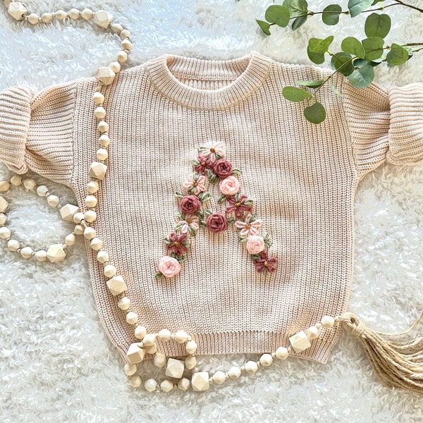 Personalized Floral Letter Hand-Embroidered Knit Sweater / Baby Shower Gift / Baby Announcement