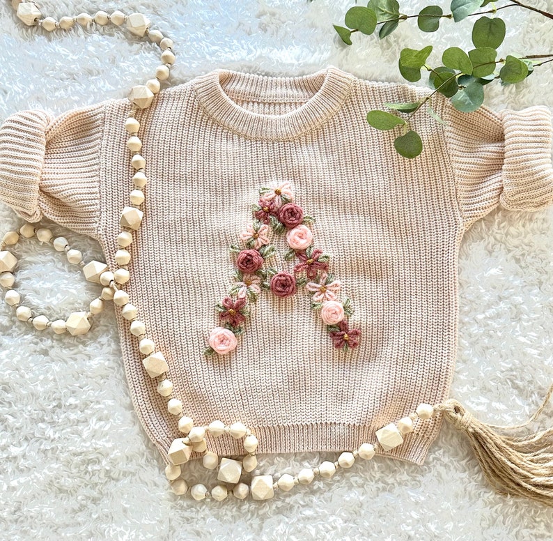 Personalized Floral Letter Hand-Embroidered Knit Sweater / Baby Shower Gift / Baby Announcement image 1