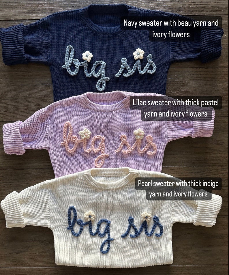 Personalized Hand-Embroidered Oversized Knit Sweaters / Baby, Toddler, or Kid Sweater / Baby Announcement for Big Brother or Big Sister image 4