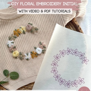 File digitale con alfabeto e numeri, modelli di ricamo iniziale di fiori per maglioni fai da te o denim / Disegni stampabili con bastoni e punti