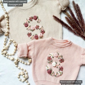 Personalized Floral Letter Hand-Embroidered Knit Sweater / Baby Shower Gift / Baby Announcement image 4