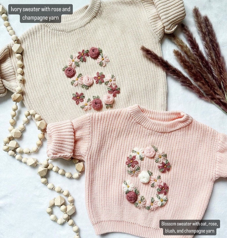 Personalized Floral Letter Hand-Embroidered Knit Sweater / Baby Shower Gift / Baby Announcement image 4