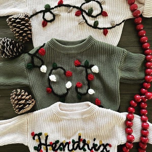 Christmas and Holiday Hand Embroidered Sweater for Babies, Toddlers, and Kids / Personalized Name with Holiday Lights image 5