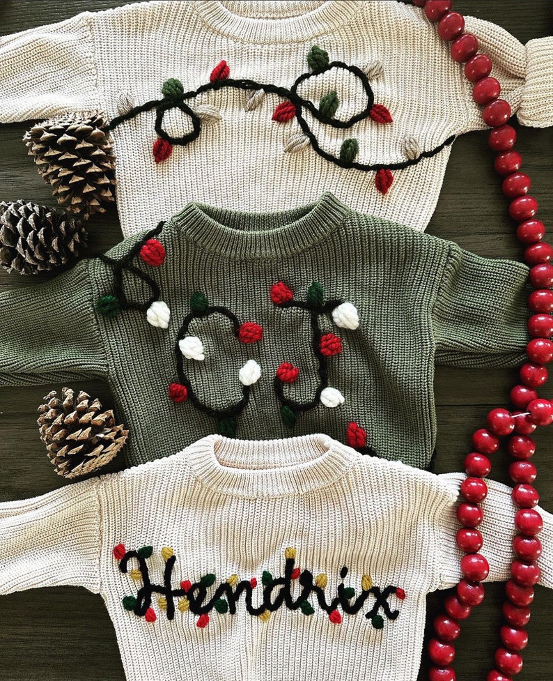 Christmas and Holiday Hand Embroidered Sweater for Babies, Toddlers, and Kids / Personalized Name with Holiday Lights image 5