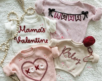 Valentines Day Hand-Embroidered Knit Sweaters / Baby, Toddler, or Kid Sweater / Personalized Baby Shower Gift or Announcement