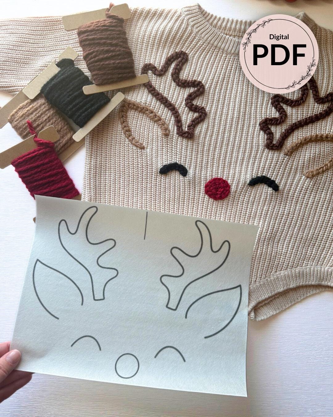 Digital File Reindeer Rudolph Embroidery Patterns for DIY Sweater or Denim / Printable Stick and Stitch Designs