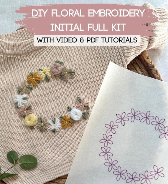 DIY Hand Embroidered Floral Letter Initial Sweater Full Kit to DIY a personalized sweater for babies, kids, or toddlers