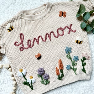 Personalized Wildflower Name Hand-Embroidered Knit Sweater / Baby Shower Gift / Baby Announcement