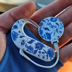 Blue and White Floral: Skins for MedEl, Cochlear, Advanced Bionics, Oticon, Phonak, and Dexcom