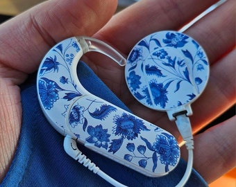 Blue and White Floral: Skins for MedEl, Cochlear, Advanced Bionics, Oticon, Phonak, and Dexcom