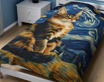 ゴッホの星月夜黒猫ブランケット、星月夜フリースフランネルスロー