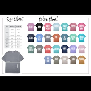 May include: Size chart for t-shirts with measurements in inches and a color chart showing 24 different colors. The colors include Berry, Black, Water Melon, Chambray, Chalky Mint, Crimson, Crunch Berry, Denim, Flo Blue, Granite, Yam, Ice Blue, Island Reef, Lagoon Blue, Light Green, Pepper, Salmon, Seafoam, Navy, Violet, Blossom, Blue Jean, Gray, Ivory, Khaki, and Monarch.