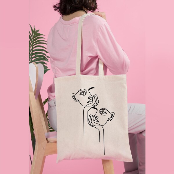 Canvas Tote Bags Organic Paint Face Figure Print Fabric Natural Cotton 16"x14"