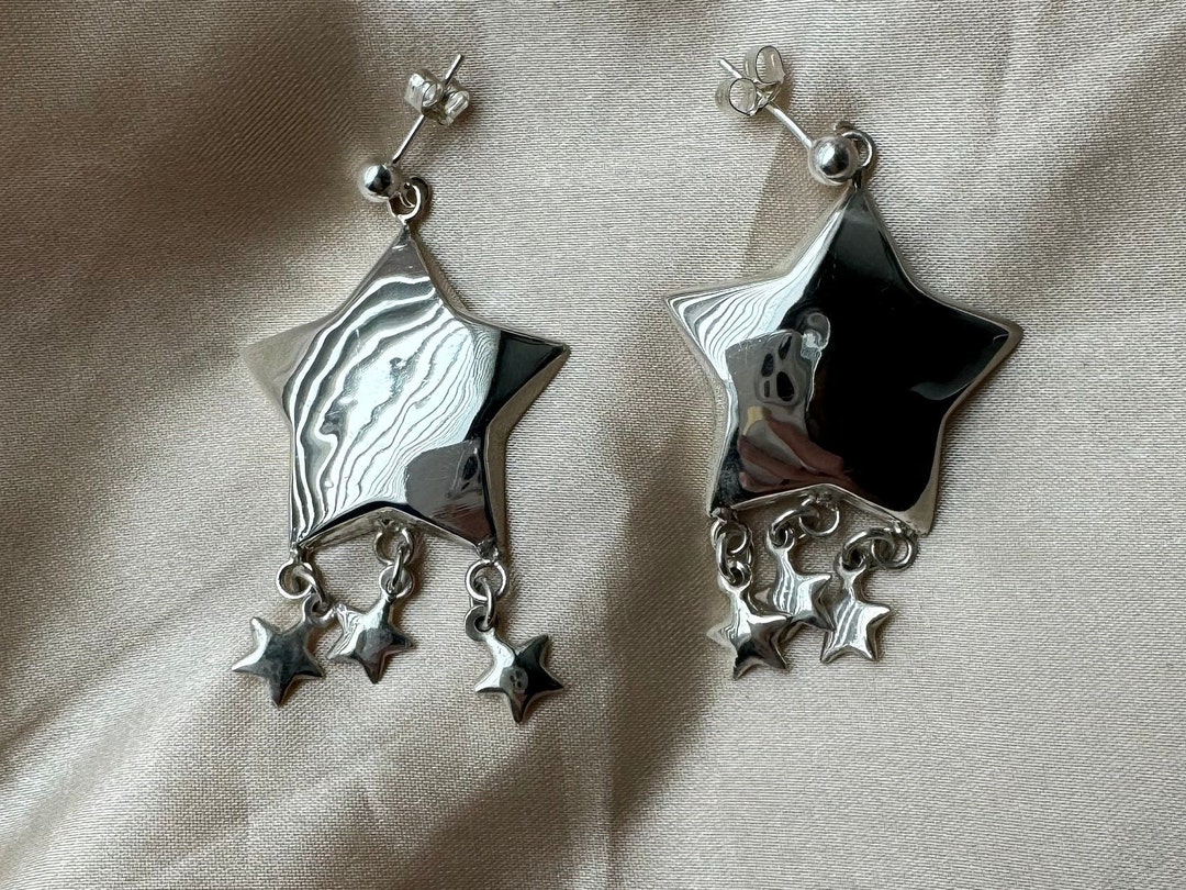 Star Theme Earrings 925 Sterling Silver Puffy Star Drop Dangle