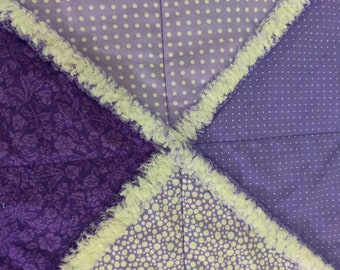 Shades of purple rag quilt, purple and white twin size quilt