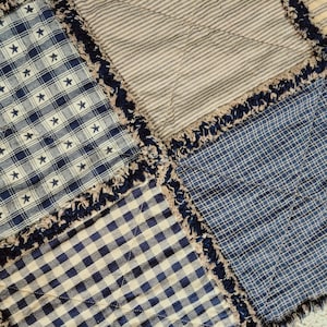 Traditional homespun rag quilt in blues
