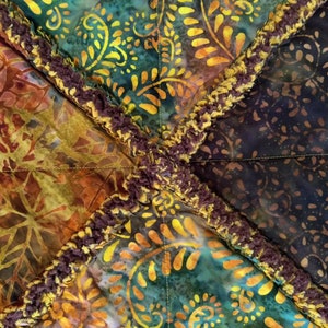 Earth tone color rag quilt, rust/orange quilt, multi color quilt, warm colors blanket, Batik quilt, handmade flannel quilt
