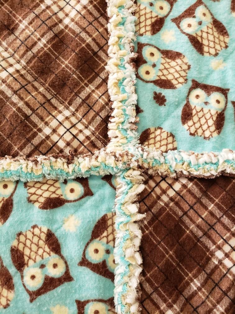 Owl Rag Quilt: Turquoise & Brown Flannel Baby Blanket (54x44)