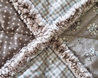 Gray and Teal Floral Rag Quilt: Soft Flannel Blanket