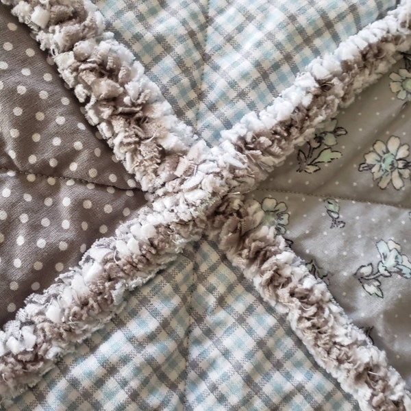 Gray and Teal rag quilt/gray flannel blanket/floral Rag Quilt/Teal flannel blanket/