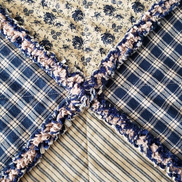 Vintage style blue rag quilt/Navy and tan quilt/navy blue rag/rag quilt/blue floral rag quilt/throw quilt