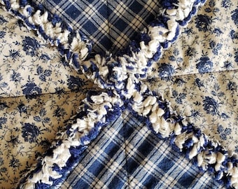 Blue Country Rag Quilt: Handmade Cotton Floral & Plaid Throw (52x42)