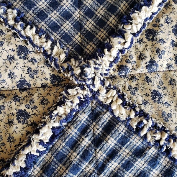 Blue Country rag quilt/navy rag quilt/vintage quilt/cottage quilt/wedding/birthday gift/home decor quilt/navy/tan blanket/sunrise comforts