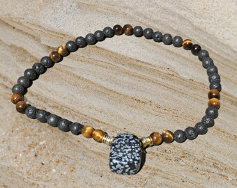 NEW Hand Made OOK Snowflake Obsidian Pendant Lava Stone & Tigers Eye Beads Choker or Anklet Hippy Hipster Boho Length 38cm E16