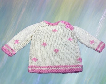 Handmade Pink & White Chunky Knitted Baby Sweater Jumper Size 6-12 Months W47