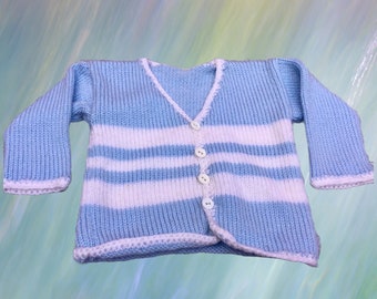 Handmade Striped Blue & White Baby Cardigan Size 6-12 Months W20