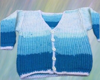 Handmade Striped Blue & White Baby Cardigan Size 6-12 Months W24