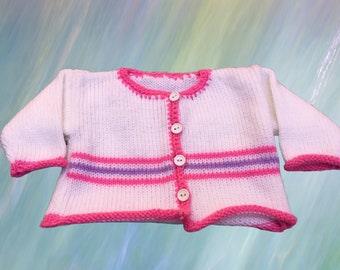 Handmade White & Pink Knitted Baby Cardigan Size Newborn - 3 Months W33