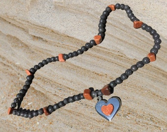 NEW Hand Made OOK Goldstone Heart Pendant Lava Stone Beads Necklace Hippy Hipster Boho Length 60cm E9