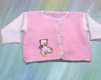 Teddy Bear Design Pink & White Baby Cardigan Size Newborn - 3 Mesi W23